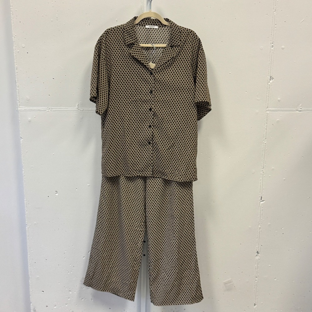 Peppermayo Geometric Diamond Print 2 Piece Set Shirt Wide Leg Pants Brown US 4
